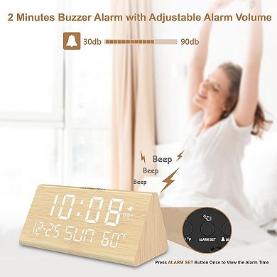 Wooden Digital Alarm Clock with USB Port, Temperature, Dimmer, Adjustable Volume, Auto DST