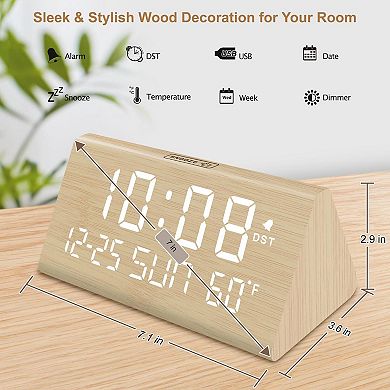 Wooden Digital Alarm Clock with USB Port, Temperature, Dimmer, Adjustable Volume, Auto DST