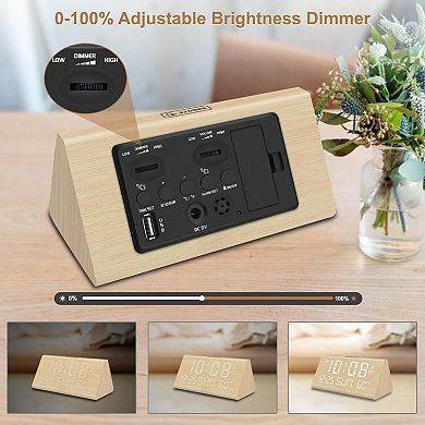 Wooden Digital Alarm Clock with USB Port, Temperature, Dimmer, Adjustable Volume, Auto DST