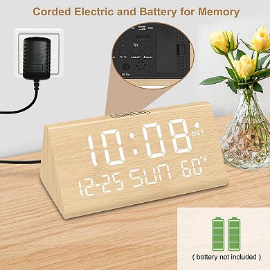 Wooden Digital Alarm Clock with USB Port, Temperature, Dimmer, Adjustable Volume, Auto DST