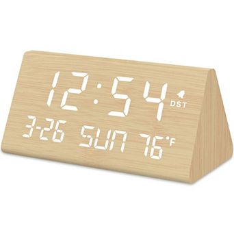 Wooden Digital Alarm Clock with USB Port, Temperature, Dimmer, Adjustable Volume, Auto DST