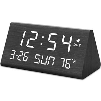 Wooden Digital Alarm Clock with USB Port, Temperature, Dimmer, Adjustable Volume, Auto DST