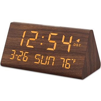 Wooden Digital Alarm Clock with USB Port, Temperature, Dimmer, Adjustable Volume, Auto DST