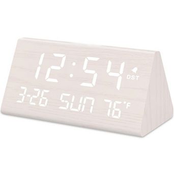 Wooden Digital Alarm Clock with USB Port, Temperature, Dimmer, Adjustable Volume, Auto DST