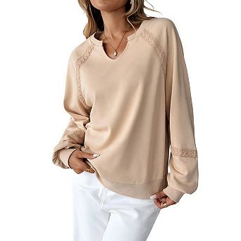 Womens Oversized Sweatshirt Casual V Neck Lace Lantern Long Sleeve Cropped Loose Fit Pullover Tops