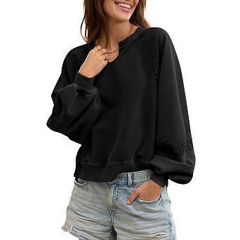 Womens Oversized Sweatshirt Casual V Neck Lace Lantern Long Sleeve Cropped Loose Fit Pullover Tops