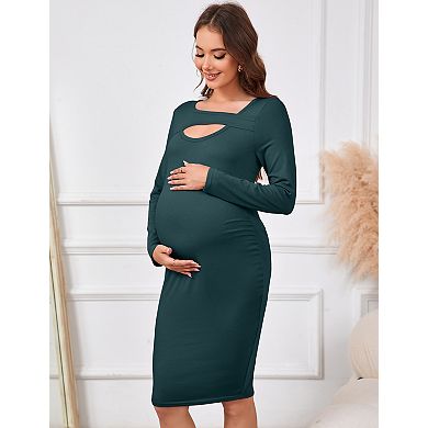 Maternity Dress Square Neck Hollow Knit Maternity Bodycon Dress