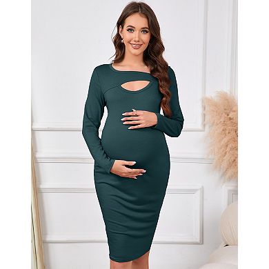Maternity Dress Square Neck Hollow Knit Maternity Bodycon Dress