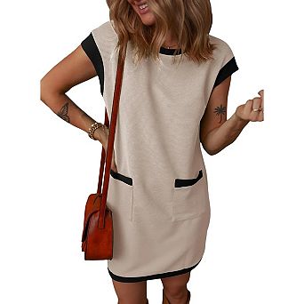 Women's Casual Spring Summer Dresses Fashion Cap Sleeve Color Block Crewneck Shift Tshirt Mini Dress