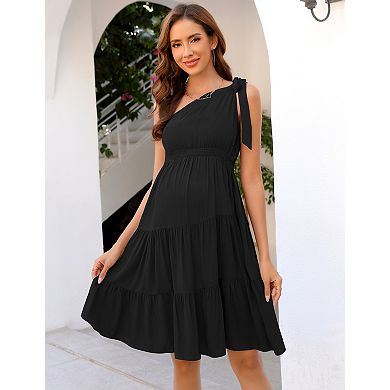 Maternity Dress One Shoulder Strap Sleeveless Splicing Casual Midi Dress