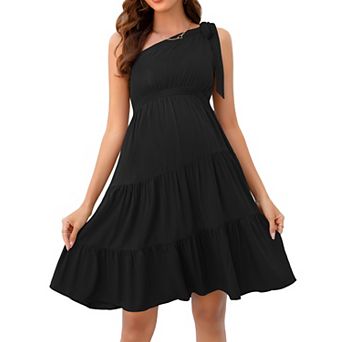 Maternity Dress One Shoulder Strap Sleeveless Splicing Casual Midi Dress