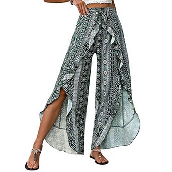 Women's Summer Casual Print Wide Leg Boho Long Pants High Waist Ruffle Split Palazzo Loose Fit Pants