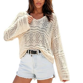 Women's Spring Summer Crochet Hollow Tops V Neck Long Sleeve Pullover Sweater Vacation Cruise Wear