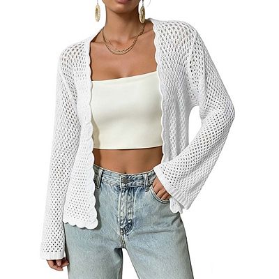 Womens Open Front Crochet Knit Cardigan Bell Sleeves Scalloped