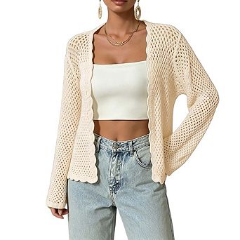 Womens Open Front Crochet Knit Cardigan Bell Sleeves Scalloped Trim Casual Tops