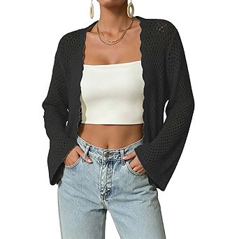 Womens Open Front Crochet Knit Cardigan Bell Sleeves Scalloped Trim Casual Tops