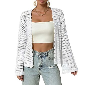 Womens Open Front Crochet Knit Cardigan Bell Sleeves Scalloped Trim Casual Tops