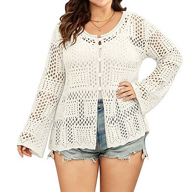 Womens Plus Size Crochet Knit Cardigan Button Front Bell Sleeve Casual Tops