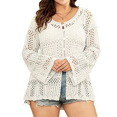 Womens Plus Size Crochet Knit Cardigan Button Front Bell Sleeve Casual Tops