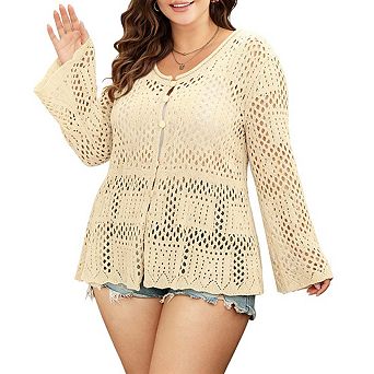 Womens Plus Size Crochet Knit Cardigan Button Front Bell Sleeve Casual Tops