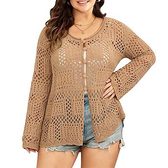 Womens Plus Size Crochet Knit Cardigan Button Front Bell Sleeve Casual Tops