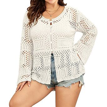 Womens Plus Size Crochet Knit Cardigan Button Front Bell Sleeve Casual Tops