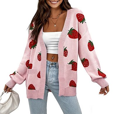 Womens Knit Cardigan Printed Open Front Drop Shoulder Sleeves Casual Tops