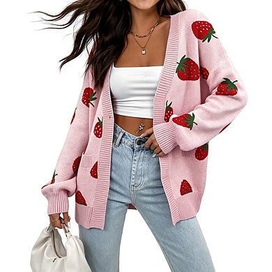 Womens Knit Cardigan Printed Open Front Drop Shoulder Sleeves Casual Tops