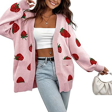 Womens Knit Cardigan Printed Open Front Drop Shoulder Sleeves Casual Tops