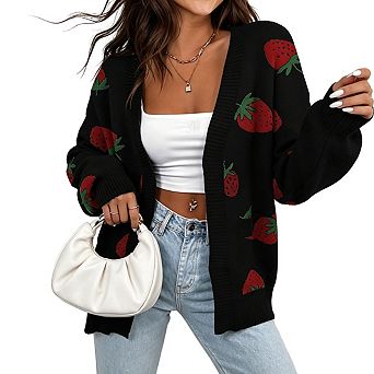 Womens Knit Cardigan Printed Open Front Drop Shoulder Sleeves Casual Tops
