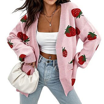 Womens Knit Cardigan Printed Open Front Drop Shoulder Sleeves Casual Tops