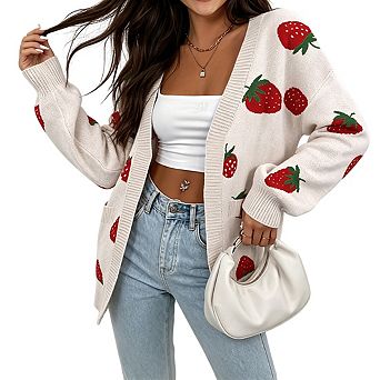 Womens Knit Cardigan Printed Open Front Drop Shoulder Sleeves Casual Tops