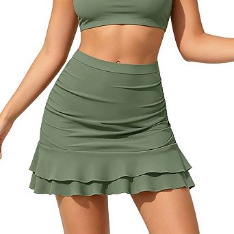 Womens High Waist Ruched Swim Skirt Ruffled Hem Built In Brief Beach Swimwear