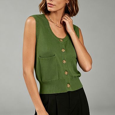 Women's Button Front Knit Vest Vest, Sleeveless Cardigan with Pockets for Casual & Office