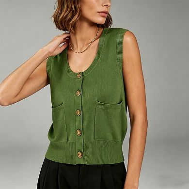 Women's Button Front Knit Vest Vest, Sleeveless Cardigan with Pockets for Casual & Office