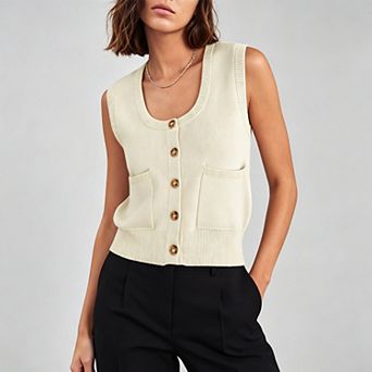 Women's Button Front Knit Vest Vest, Sleeveless Cardigan with Pockets for Casual & Office