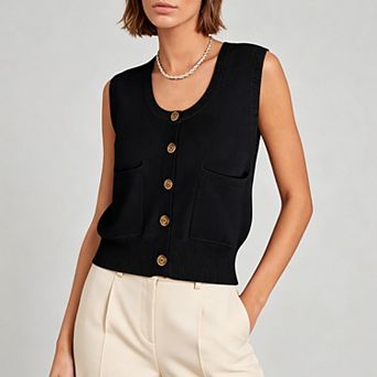 Women's Button Front Knit Vest Vest, Sleeveless Cardigan with Pockets for Casual & Office