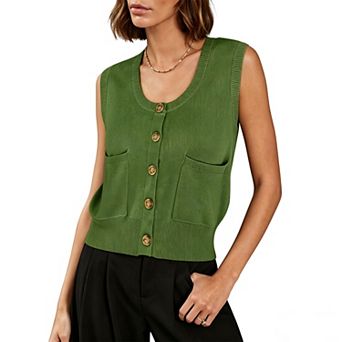 Women's Button Front Knit Vest Vest, Sleeveless Cardigan with Pockets for Casual & Office