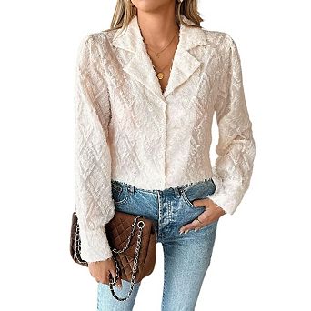 Women's Lace Button Up Casual Sheer Long Sleeve Blouses Going Out Outfits