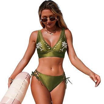 Women's Two Piece Set Swimsuit Modest Bathing Suit Petal Hollow V Neck Top String Mid Rise Bottom