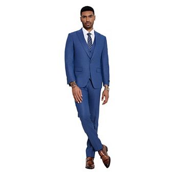 Men's 3 pc Solid Sharkskin Suit Set, Wide Peak Lapel