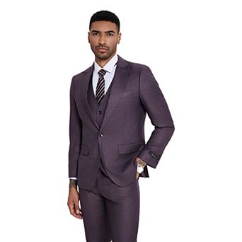 Men's 3 pc Solid Sharkskin Suit Set, Wide Peak Lapel