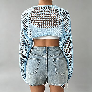 Women's Crochet Knit Shrug Cardigan, Long Sleeve Open Weave Open Front Cover Up