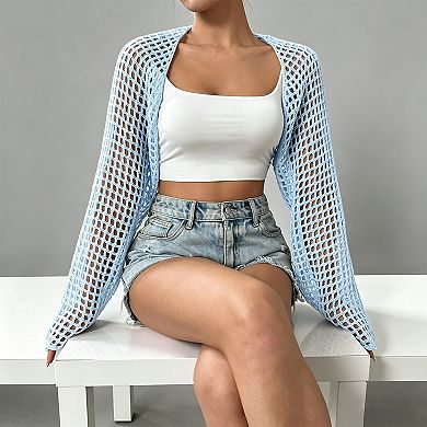 Women's Crochet Knit Shrug Cardigan, Long Sleeve Open Weave Open Front Cover Up
