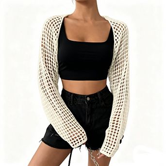 Women's Crochet Knit Shrug Cardigan, Long Sleeve Open Weave Open Front Cover Up