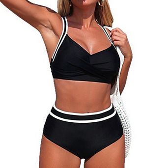 Women's Color Block High Waisted Bikini Set Cross Back Tie Top Double Layer Waistband Swimwear