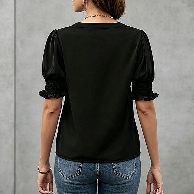 Women's V Neck Puff Sleeve Blouse Summer Ruched Cuff Ruffle Half Sleeve Casual Work Top