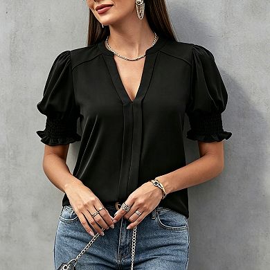 Women's V Neck Puff Sleeve Blouse Summer Ruched Cuff Ruffle Half Sleeve Casual Work Top