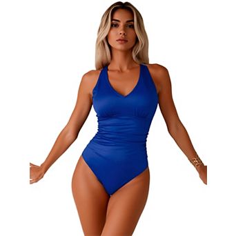 Women Swimsuit Halter One Piece Swimsuit Tummy Control Crisscross Back Ruched Open Back Swimwear