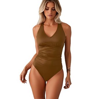 Women Swimsuit Halter One Piece Swimsuit Tummy Control Crisscross Back Ruched Open Back Swimwear